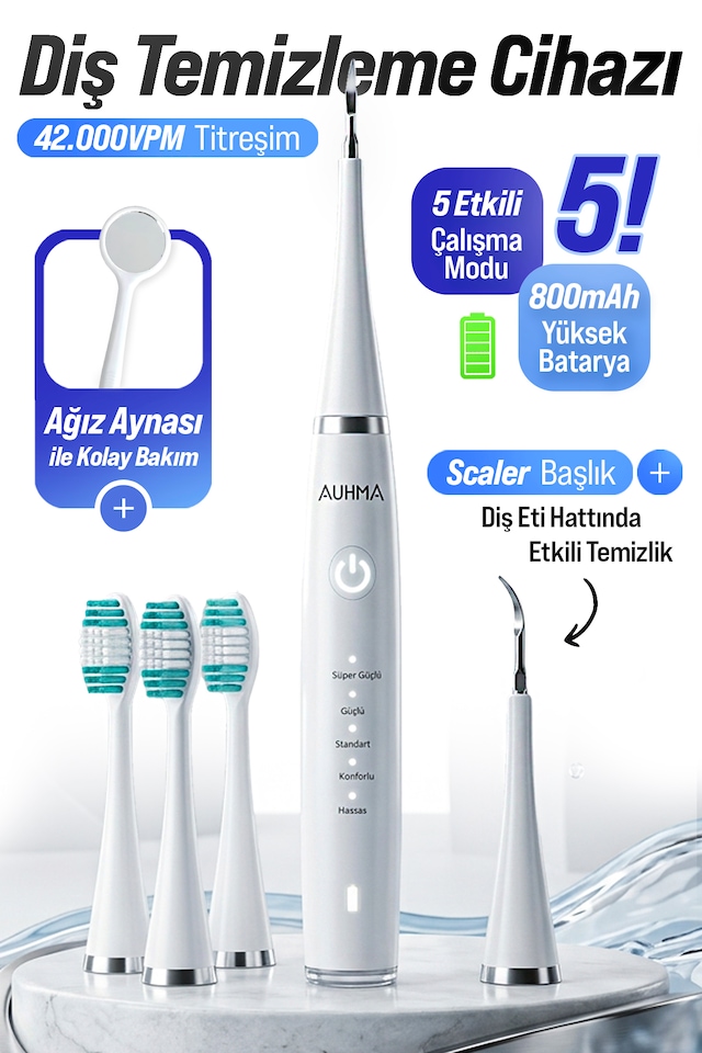 Auhma Amf14 Ultrasonik Diş Temizleme Cihazı Beyaz 42.000 Titreşim/dk 5 Mod Ipx8 Su Geçirmez