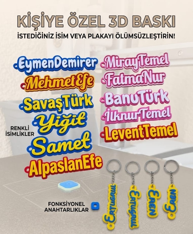 Kişiye Özel Renkli İsimli Anahtarlık 2 Adet Özel Tasarım 3D Plaka Hediye Anahtarlık
