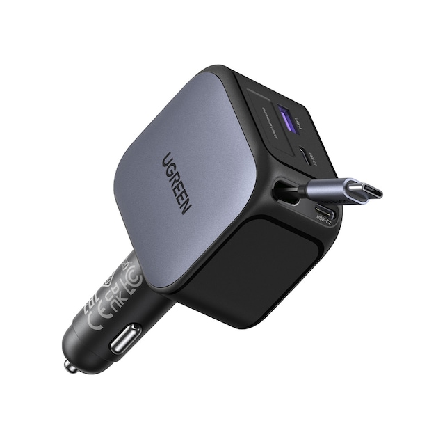 Ugreen 145w Usb-c Makaralı Dahili Kablolu Hızlı Araç Çakmaklık Şarj Cihazı, 2x Usb-c, 1x Usb-a Port, 55910b