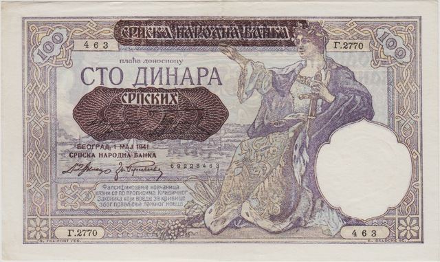 Sırbistan 100 Dinar 1941 Iı. Dünya Savaşı 1929 Yugoslavya 100 Dinar Üstüne Sürşarj. Çilaltı.