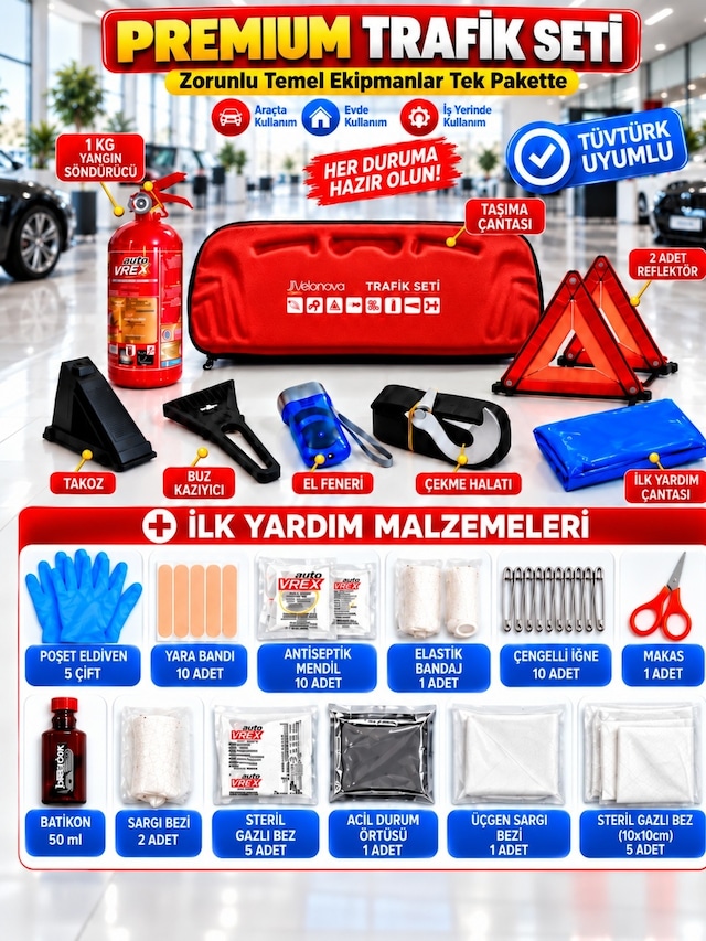 Araç Muayene Uyumlu 22 Parça Acil Durum Ve Profesyonel Trafik Seti ''ab Onaylı Ve Ce Belgeli'' Kırmızı