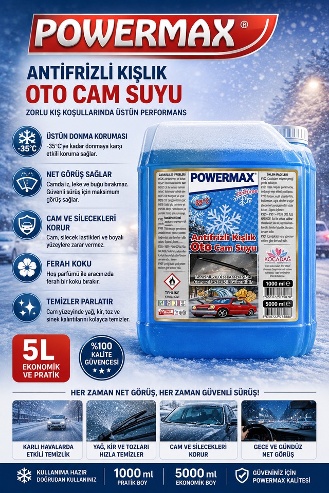 Powermax Antifrizli Kışlık Cam Suyu 5l Soğuk Havalarda Etkili Cam Temizliği