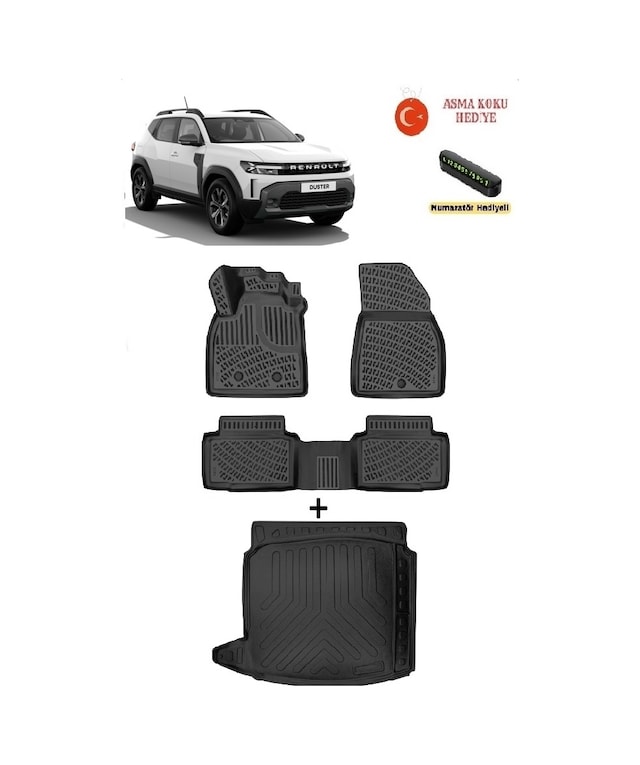 Renault Duster Eco G / E-tech / Tce 4x2 2024 Sonrası Uyumlu 3d Havuzlu Paspas Ve 3d Sabit Zemin Bagaj Havuzu Seti Asma Koku Ve Numaratör Hediyeli