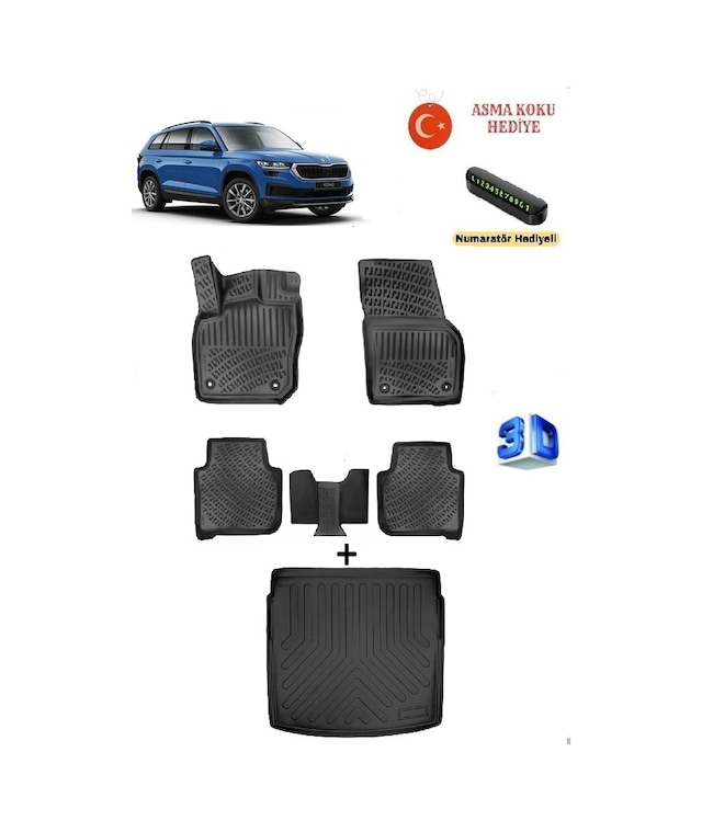 Skoda Kodiaq 2024 Sonrası Uyumlu 3d Havuzlu Paspas Ve 3d Alt Kademe Bagaj Havuzu Seti Asma Koku Ve Numaratör li