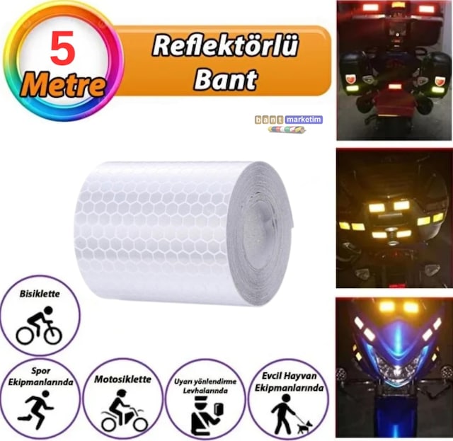 Reflektörlü Reflektif Fosforlu Şerit Bant Petekli Reflekte I Kaz Bandı 5 Cm X 5 Metre Beyaz
