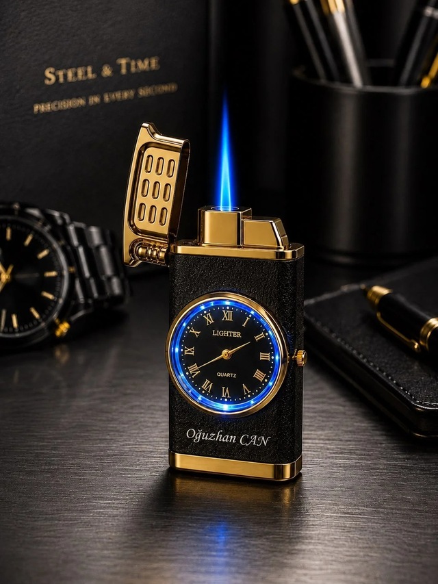 Ers Kişiye Özel Saatli Gazlı Çakmak Gold / Füme Led Işıklı / Jet Alevli - Dolu Gönderim - Premium