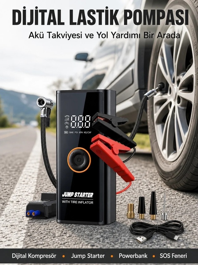 Ers Çok Fonksiyonlu Araç Yol Yardım Kiti Jump Starter Ve Lastik Pompası Yeni Nesil