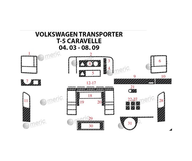 Volkswagen Carevella T5 Torpido Kaplama 2003-2009 31 Parça Karbon