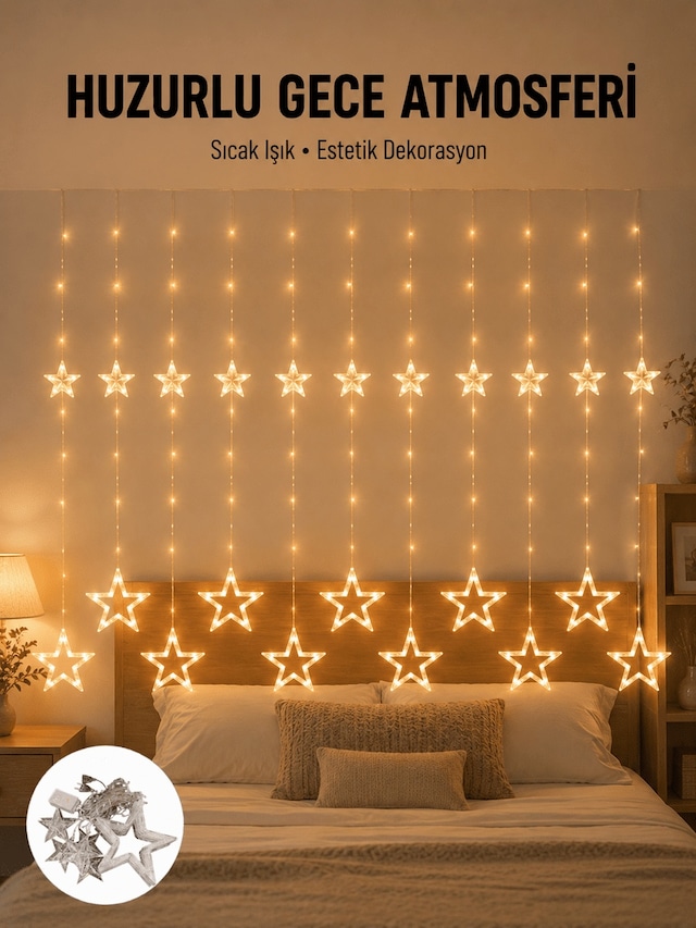 Yıldız Desenli Perde Tipi Peri Led 3x3 Metre Aydınlatma Yeni Nesi
