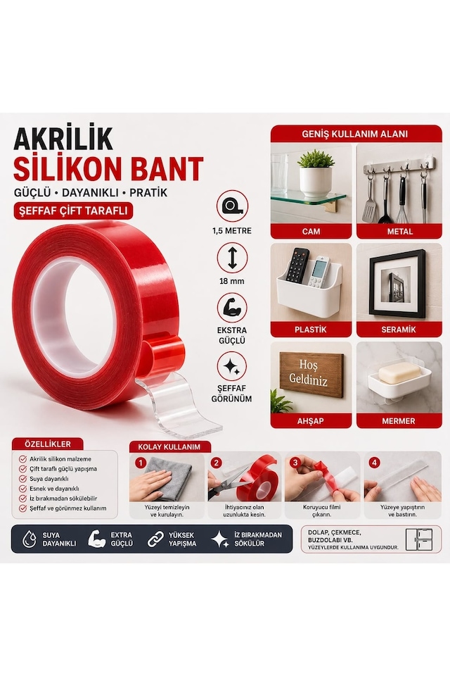 Şeffaf Çift Taraflı Akrilik Silikon Bant 1,5 Metre 18 Mm Ekstra Güçlü 1 Adet Diğer