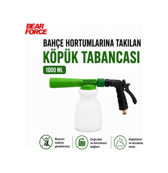 Robeve Bear Force 1000 Ml Bahçe Hortumuna Takılan Köpük Tabancası Oto Yıkama Köpük Aparatı Köpükleme Ve Durulama Modlu 1/2 Standart Hortum Uyumlu Araç, Motosiklet, Bisiklet Ve Bahçe Temizliği