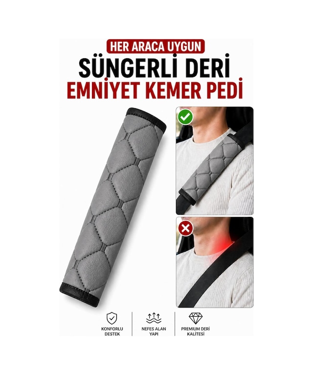 Her Araca Uygun Suni Deri - Süngerli Emniyet Kemer Pedi-gri