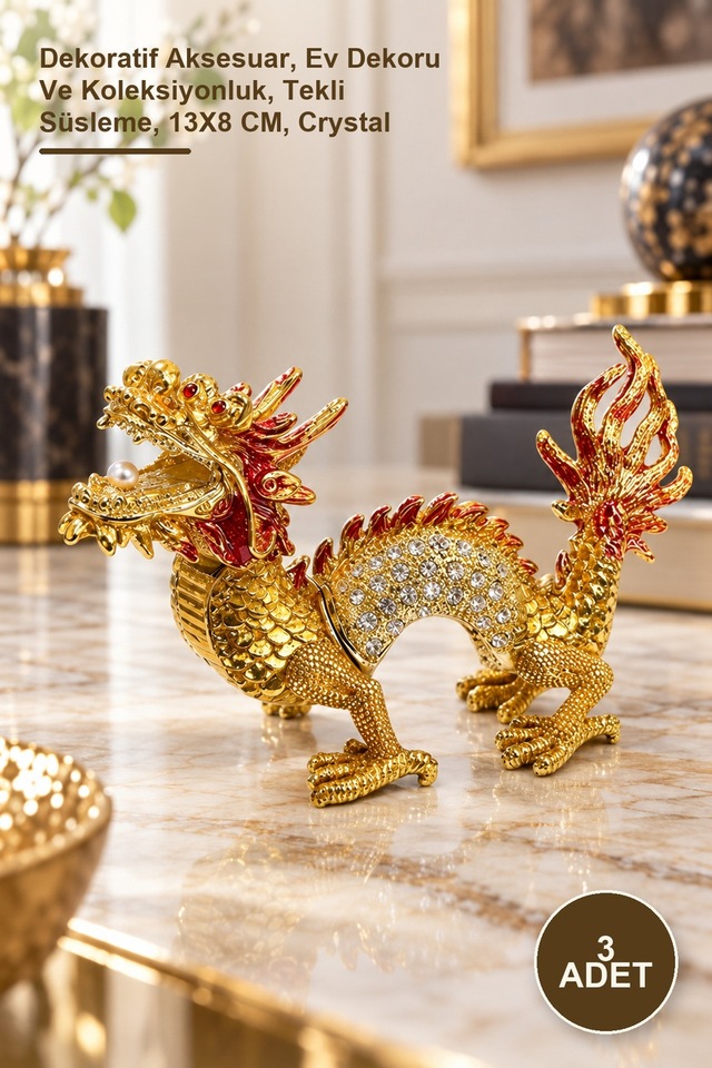 3 Adet Taşlı Dragon Figür Dekoratif Aksesuar, Ev Dekoru Ve Luk, Tekli Süsleme, 13x8 Cm, Crystal