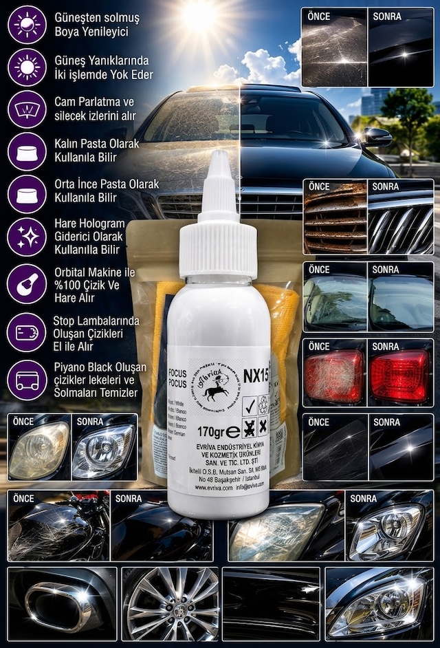 Abrias Nx15 Focus Pocus 170gr Güneş Solması Krom Boya Stop Far Yenileyici Ve Çizik Alma Kremi