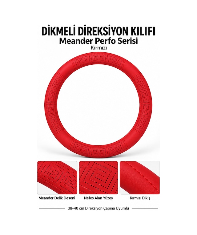 Trobus Universal 38-40 Cm Dikmeli Direksiyon Kılıfı Meander Perfo Kırmızı