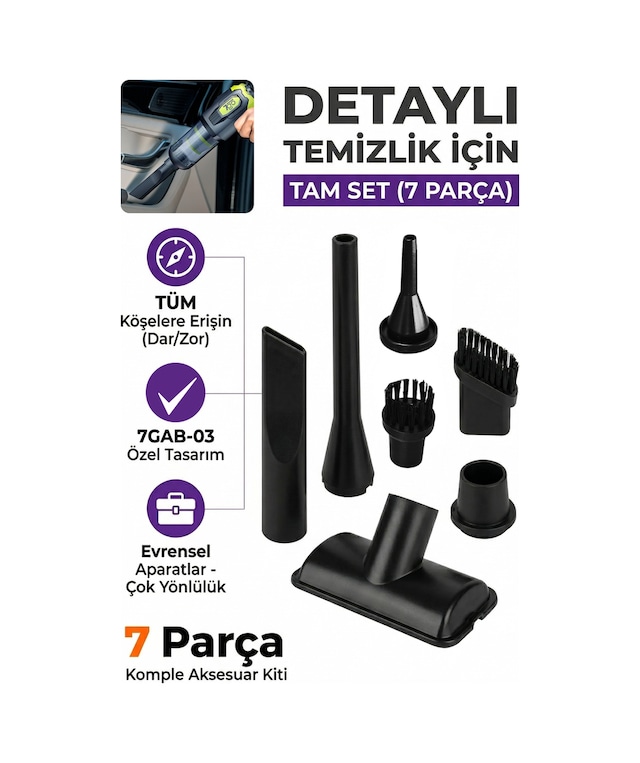 7go 7gab-03 Araç İçi Süpürge Yedek Aparat Seti 7 Parça Uyumlu Başlık Seti, Detay Temizlik Aksesuar Siyah