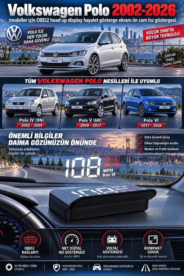 Volkswagen Polo 2002-2026 Modeller İçin Obd2 Head Up Display Hayalet Gösterge Ekranı Ön Cam Hız Göstergesi