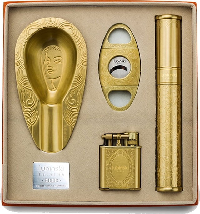Lubinski Metal Gold Puro Seti 2 Torch Gazlı Çakmak, Metal Puro Küllük, Tekli Puro Taşıma Tüpü,60 Ring Puro Kesici 8093at