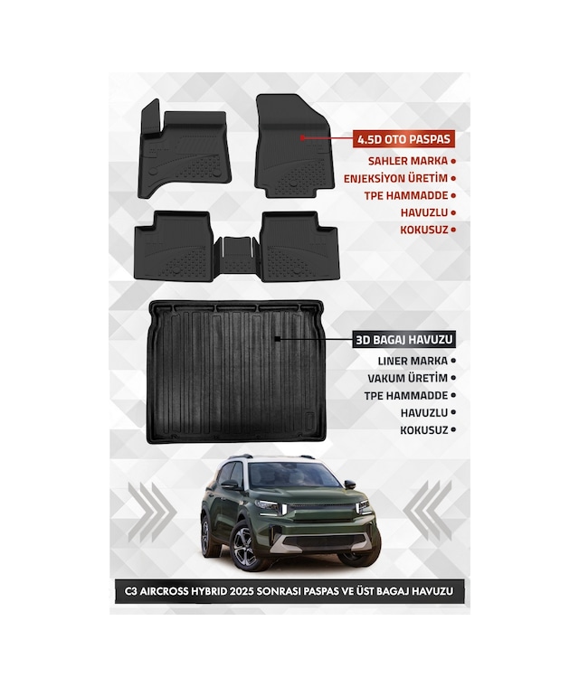 Citroen C3 Aircross Hybrid 2025 Ve Sonrası Uyumlu 4.5d Premium Havuzlu Oto Paspas Ve Liner Alt Bagaj