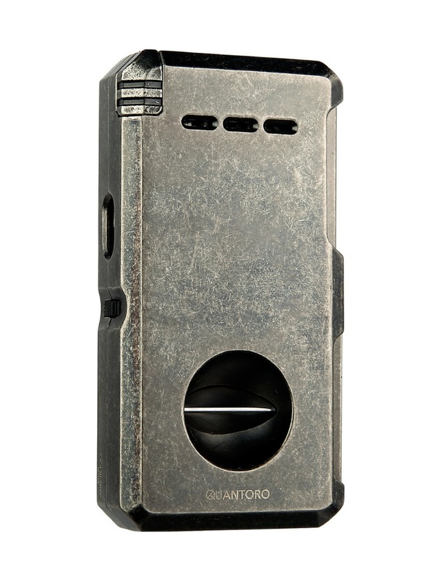 Quantoro Çift Torch Pürmüz V-cut/delicili/iğneli Fırçalı Gümüş Metal Puro Çakmağı - Trz1084