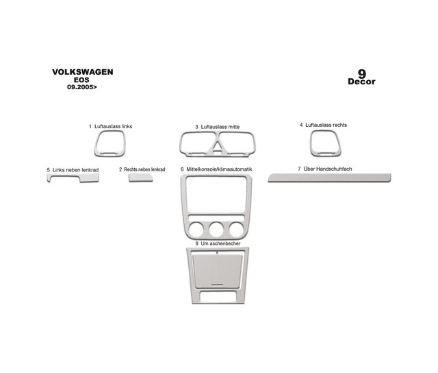 Volkswagen Eos Torpido Kaplama 2005-2010 9 Parça Alüminyum