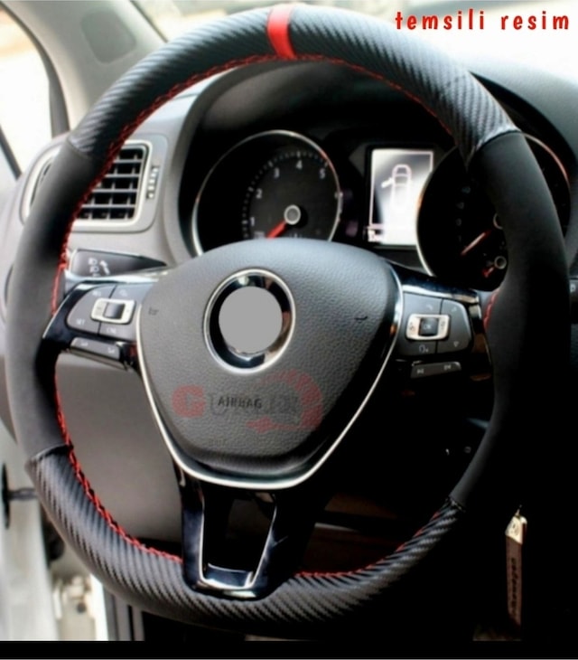 Vw Polo Uyumlu 2014-2018 Dikmeli Direksiyon Kılıfı Carbon Desenli Alkantra Serisi Kırmızı Yüzüklü