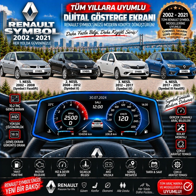 Renault Symbol 2002-2021 Uyumlu Digital Gösterge Odb Ekran Arıza Göstergesi Turbo Gösterge Hayalet Ekran