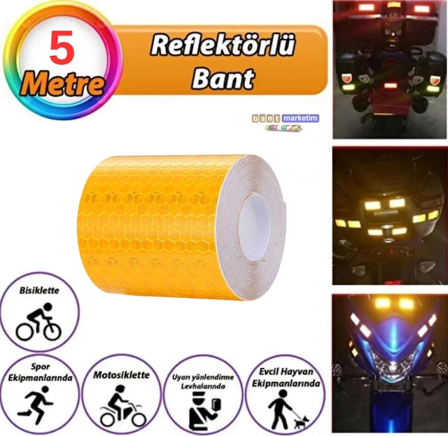 Reflektörlü Reflektif Fosforlu Şerit Bant Petekli Reflekte I Kaz Bandı 5 Cm X 5 Metre Sarı