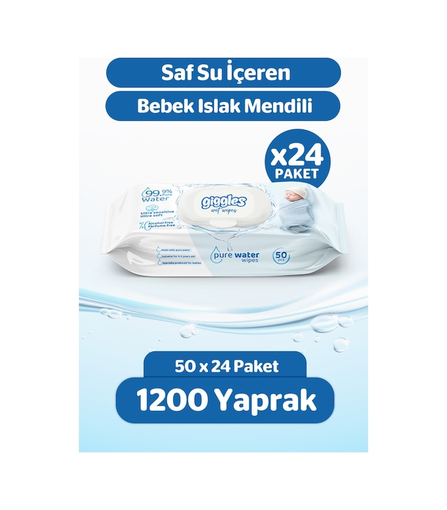 Giggles Pure Water Bebek Islak Havlusu %99 Saf Su Mendil 24 Paket 1200 Adet 24'lü