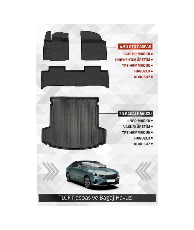 Sahler Togg T10f 2025+ Uyumlu 4.5d Premium Havuzlu Oto Paspas Ve Liner Marka 3d Bagaj Havuzu