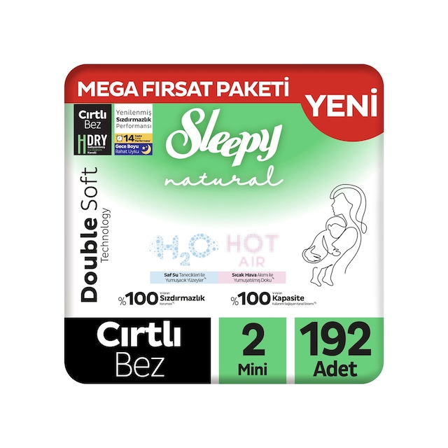 Sleepy Natural Double Soft Mega Fırsat Paketi Bebek Bezi 2 Numara Mini 192 Adet