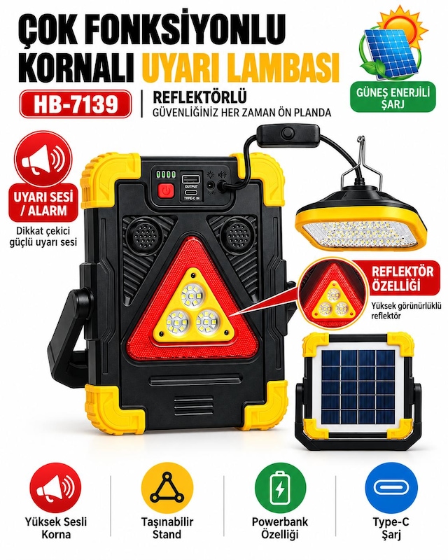 Çok Fonksiyonlu Reflektör Solar Lamba Powerbank Güneş Enerjili Yüksek Sesli Sirenli Lamba Acil Durum Sireni Uyarı Alarm Sesli Taşınabilir Şarjlı Ekstra Lambalı