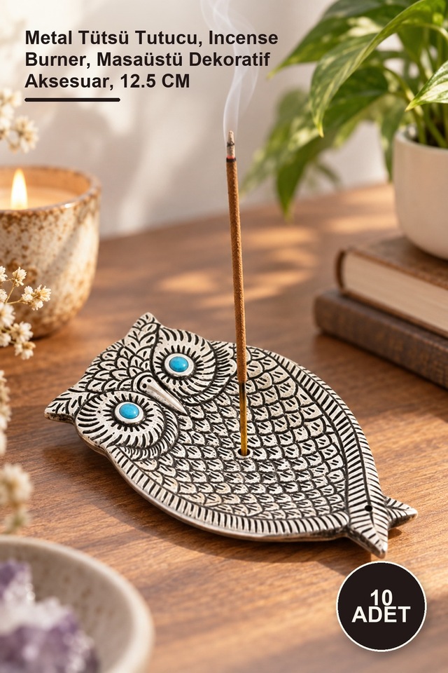 10 Adet Baykuş Tasarımlı Metal Tütsülük Metal Tütsü Tutucu, Incense Burner, Masaüstü Dekoratif Aksesuar, 12.5 Cm