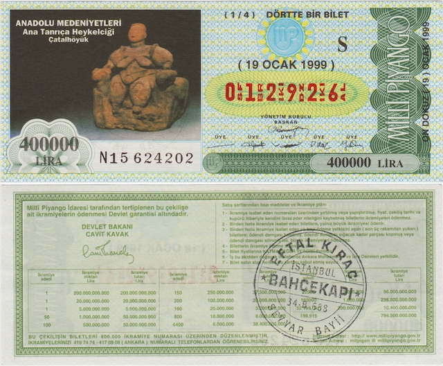 Eski Milli Piyango 1/4 Çeyrek Bilet 19 Ocak1999 S Serisi. Anadolu Medeniyetleri - Ana Tanrıça Heykelciği - Çatalhöyük. Teşhir Ürün