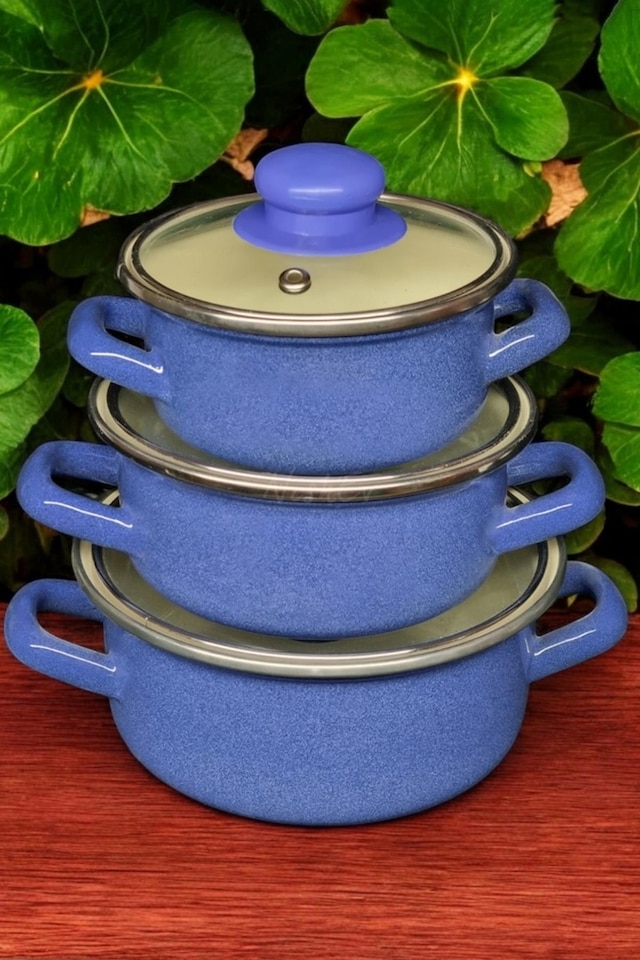Nishev.com  6 Parça Mini Emaye Tencere Seti 12/14/16 Cm Mavi Mavi