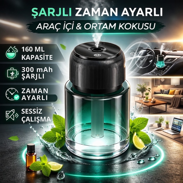 Polham Şarjlı Araç İçi Ortam Koku Difüzörü Zaman Ayarlı Sessiz Çalışma 160ml Kapasiteli 300mah Şarjlı
