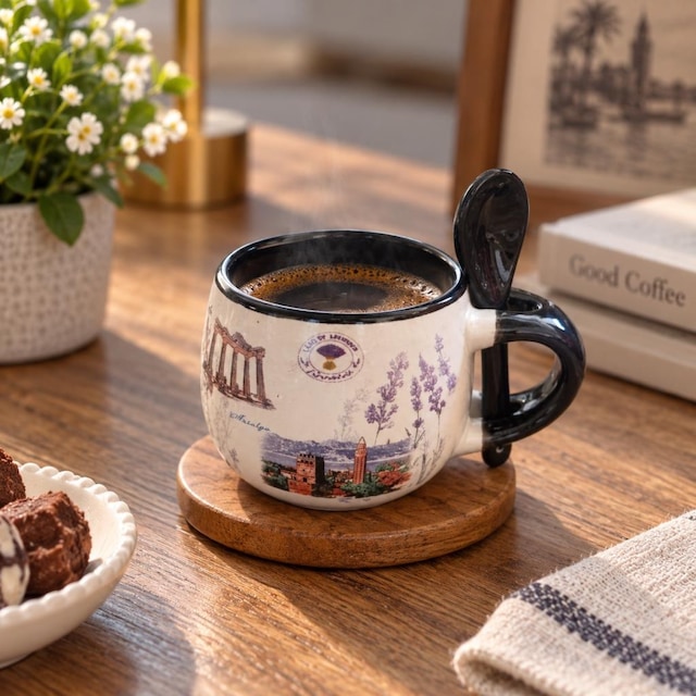 Kupa Bardak Porselen Kaşıklı 100 Ml Yöresel Türkiye Temalı Hediyelik Kahve Çay Kupası