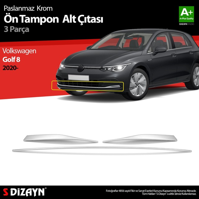 S-Dizayn VW Golf 8 HB Krom Ön Tampon Alt Çıtası 3 Parça 2020 Üzeri
