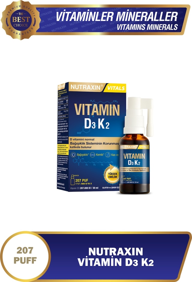 Nutraxin Vitals D3k2 30 Ml - 1000 Iu D3 Vitamini, 25 Mcg K2 Vitamini 207 Puf