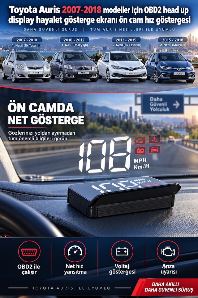 Toyota Auris 2007-2018 Modeller İçin Obd2 Head Up Display Hayalet Gösterge Ekranı Ön Cam Hız Göstergesi