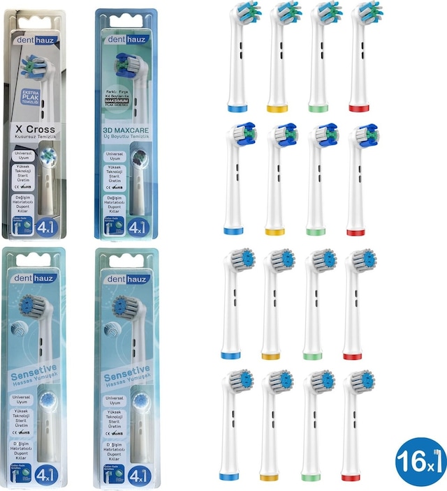 16 Adet Sensetive + X Cross + 3d Maxcare Oral-b Uyumlu Yedek Diş Fırçası Başlıkları