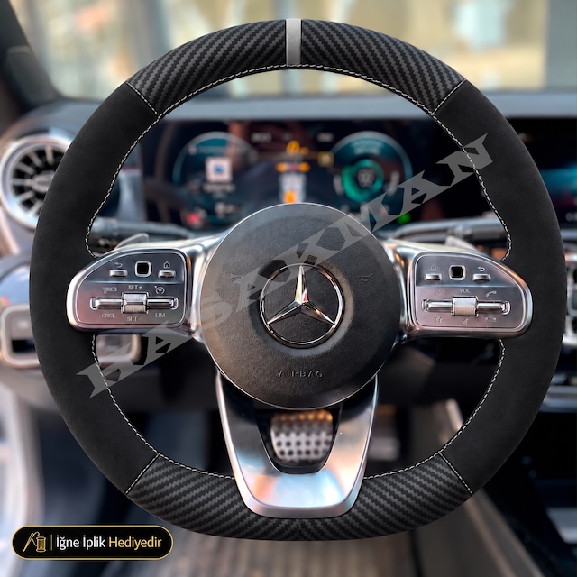Mercedes Gla H247 Dikme Direksiyon Kılıfı Alcantara Süet Mat Karbon Gri Yüzük Ve Dikiş Progressive-amg Line 2020-2023