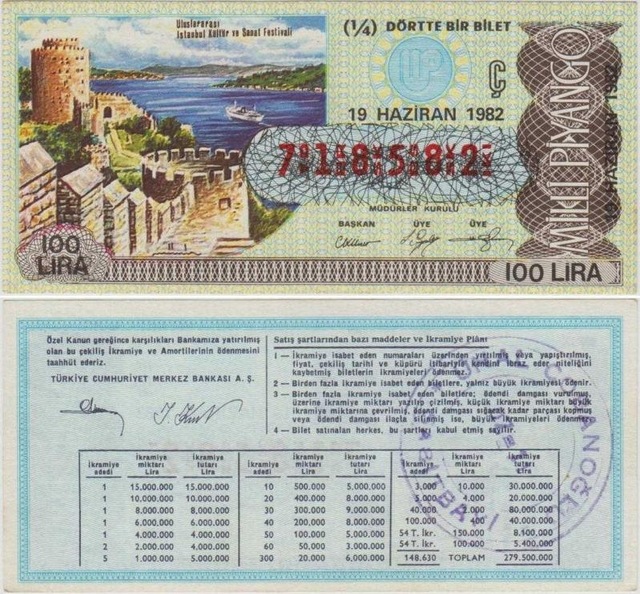 Milli Piyango 29 Eylül 1981 Çeyrek 1/4 Bilet. Uluslararası İstanbul Kültür Ve Sanat Festivali - Rumeli Hisarı Temalı. 100 Lira Ç Serisi. Çil - Kondisyon Teşhir Ürün
