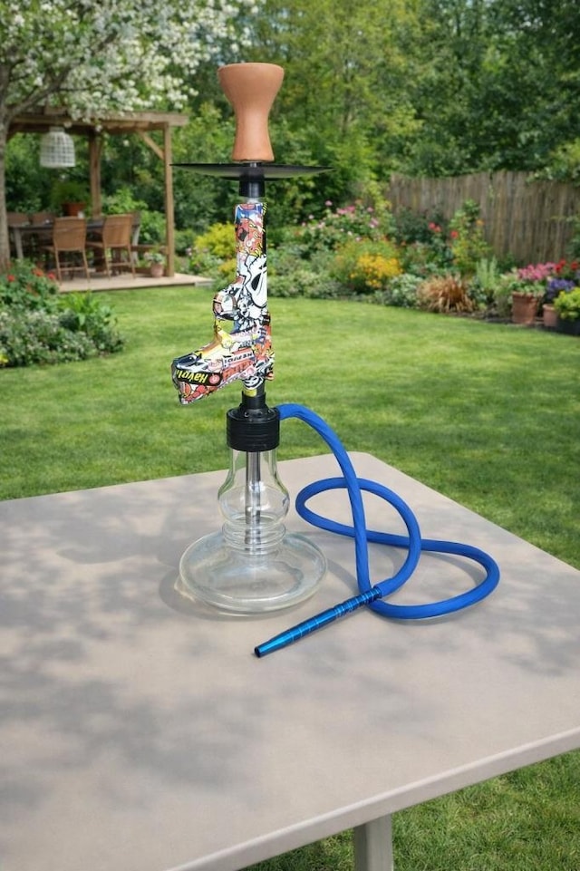 Cam Tabanlı Nargile 55 Cm 18 Cm Geniş Taban Modern Balkon & Teras Nargile Takımı Mavi Hortumlu