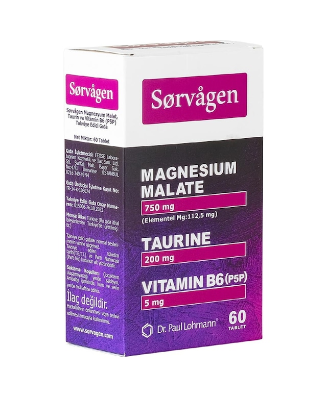 Sorvagen Magnezyum Malat, Taurin ve Vitamin B6 (P5P) 60 Tablet