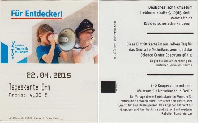 Almanya Berlin Teknik Müze Giriş Bileti 2015. Deutsches Technık Museum. 4 Euro. Teşhir Ürün