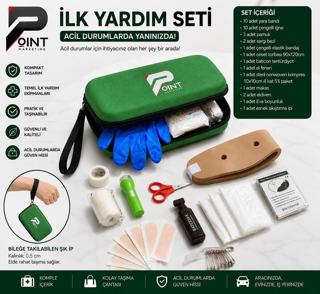 Araç İlk Yardım Seti Trafik Kanununa Uygun Tam Donanımlı İlk Yardım Çantası Yeşil Acil Durum Seti