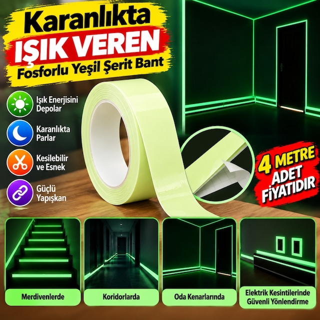 Karanlıkta Işık Veren Yansıyan 4 Metre Fosforlu Yeşil Şerit Bant Adet