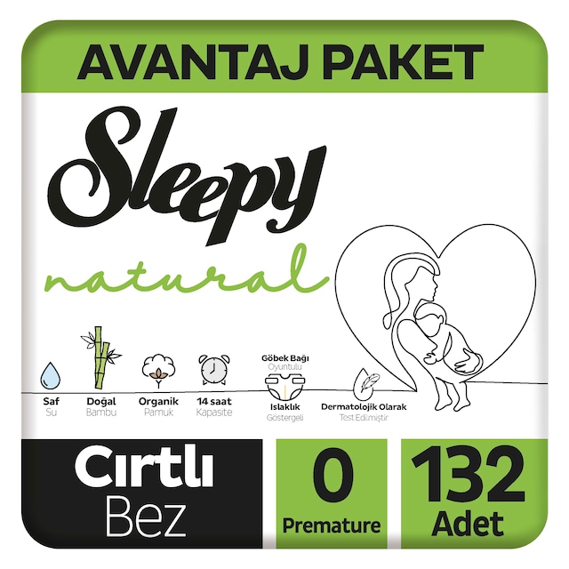 Sleepy Natural Avantajlı Paket Bebek Bezi 0 Numara Premature 132 Adet 3'lü