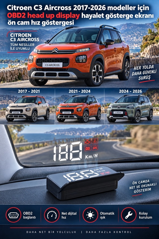 Citroen C3 Aircross 2017-2026 Modeller İçin Obd2 Head Up Display Hayalet Gösterge Ekranı Ön Cam Hız Göstergesi